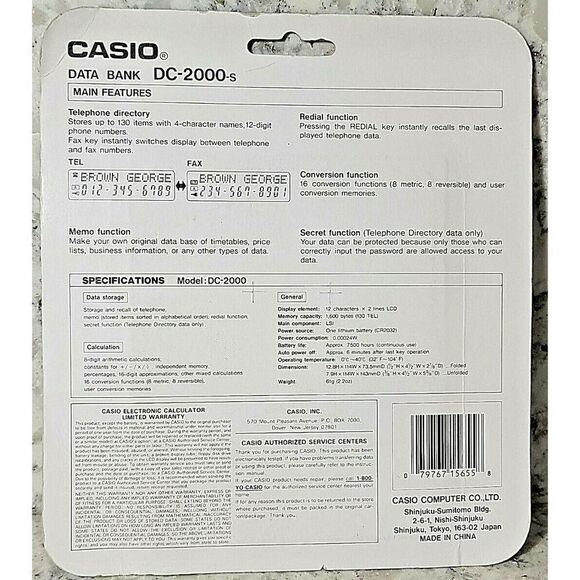 Vintage Casio Data Bank DC-2000-s‎ 130 Tel & Fax Hand Held Digital Organizer - Picture 2 of 5